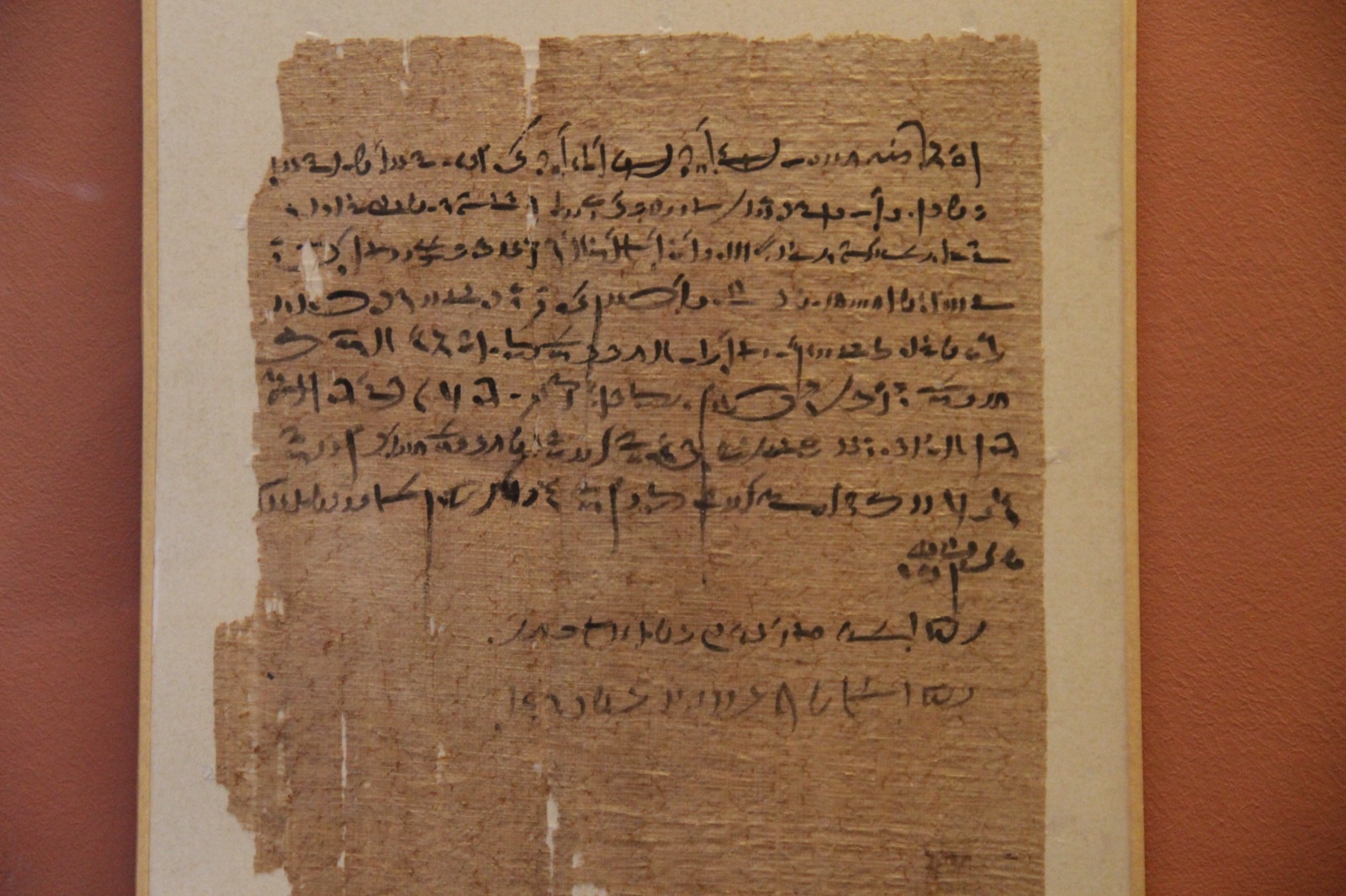 Ancient Egyptian papyrus writing displayed in a museum case at the Louvre